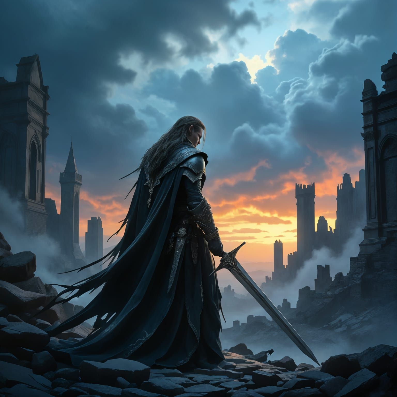 Tattered Elf King in Ruined Elven City, Digital Matte Painti...
