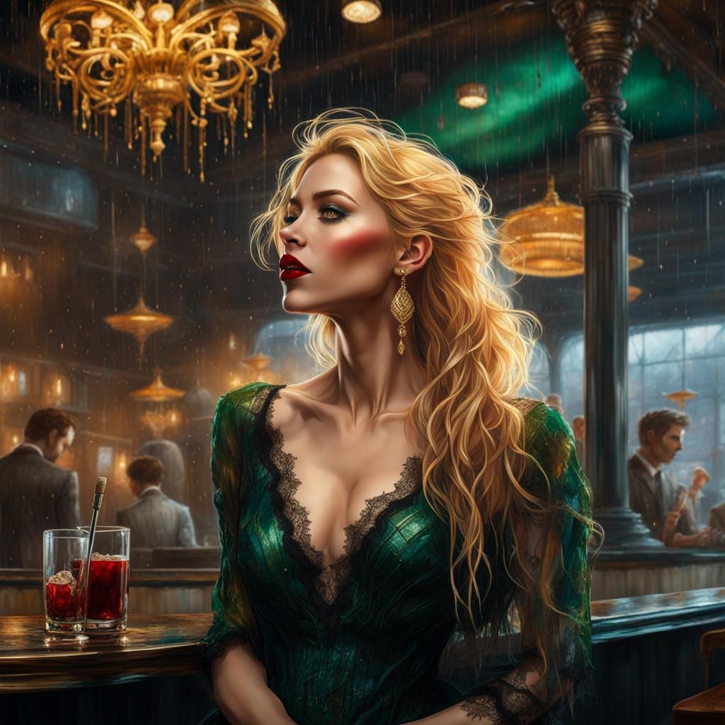 a beautiful woman,  drinking in a bar,