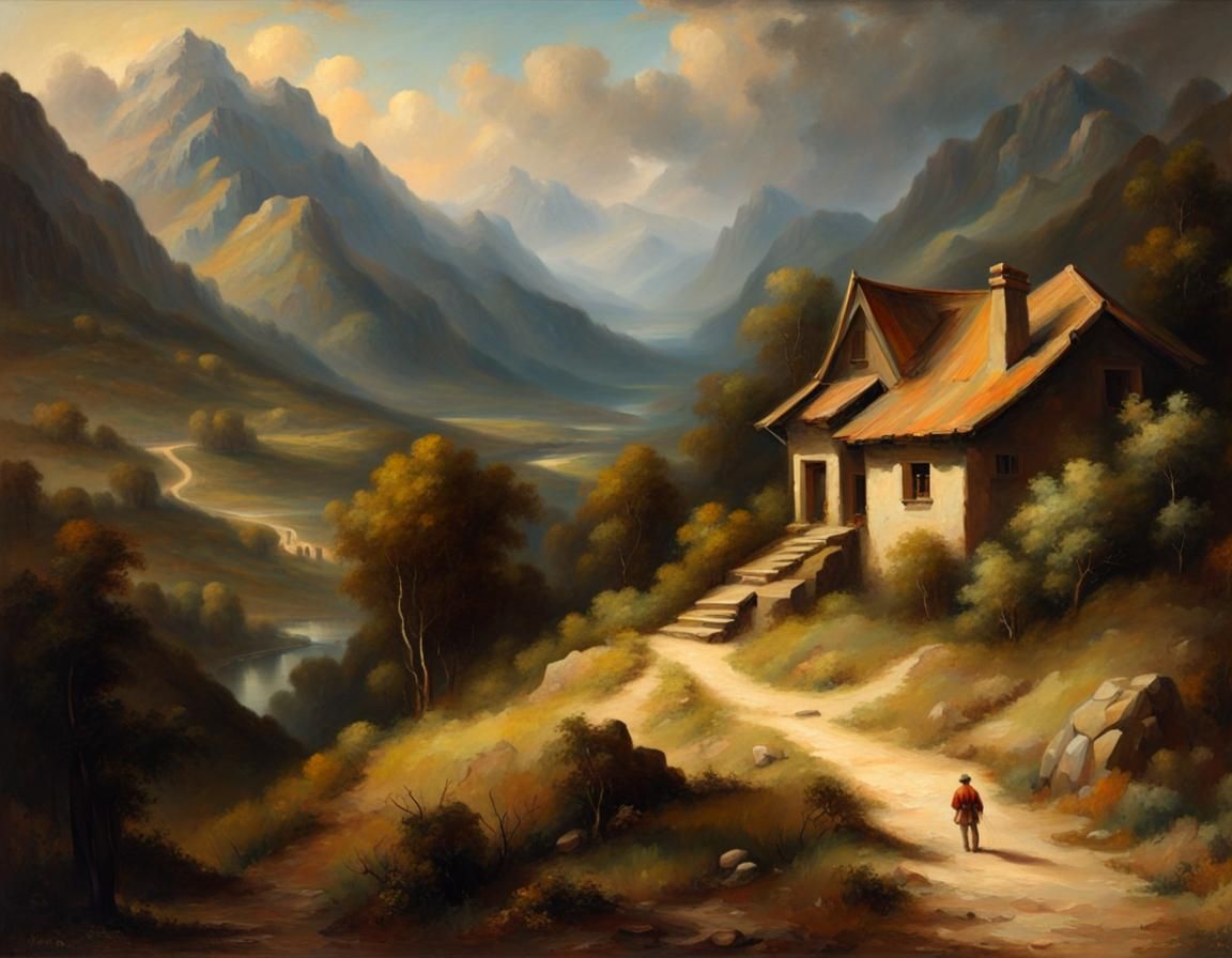 Detailed Landscape: Rembrandt Style Oil Painting