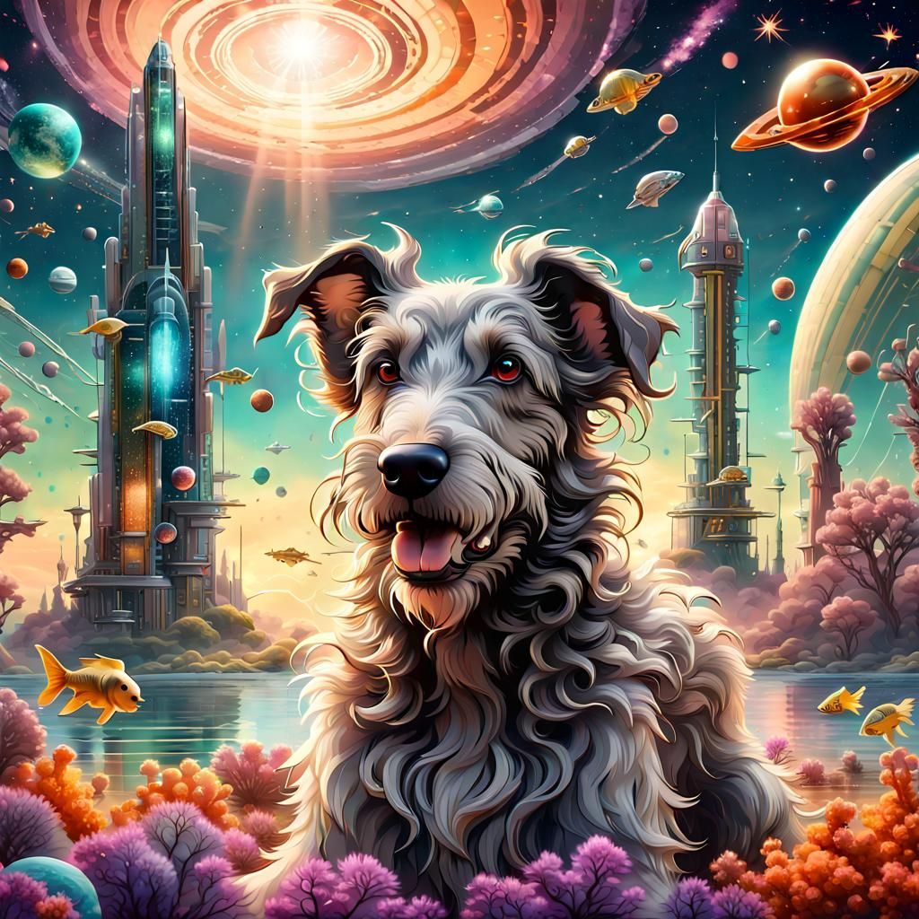 Cheerful Irish Wolfhound in Sci-Fi Fantasy World