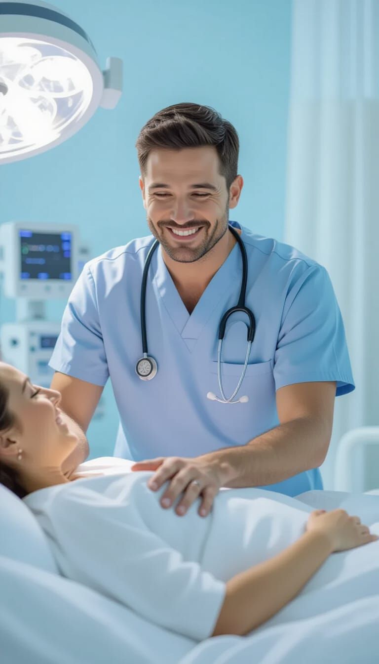 Doctor Delivers Hope in Bright Hospital Room, Cinematic Styl...