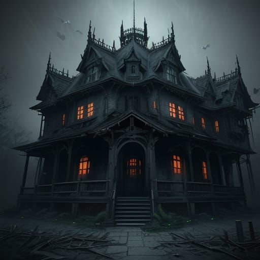 Spooky Haunted Mansion with Bats in 3D Anime Art Style