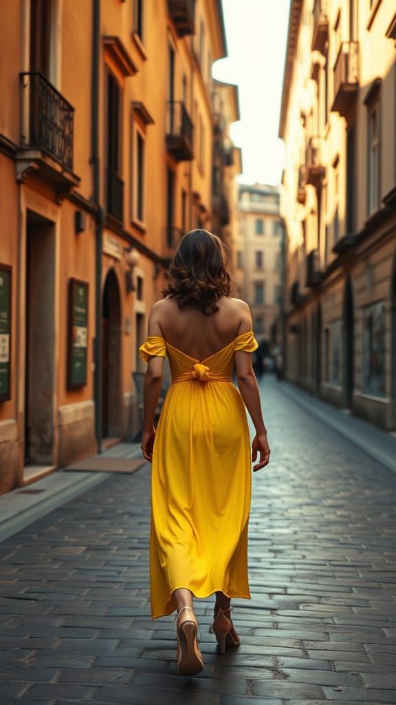 Sofia Loren in Tulip Yellow Dress Walks Towards You in Vinta...