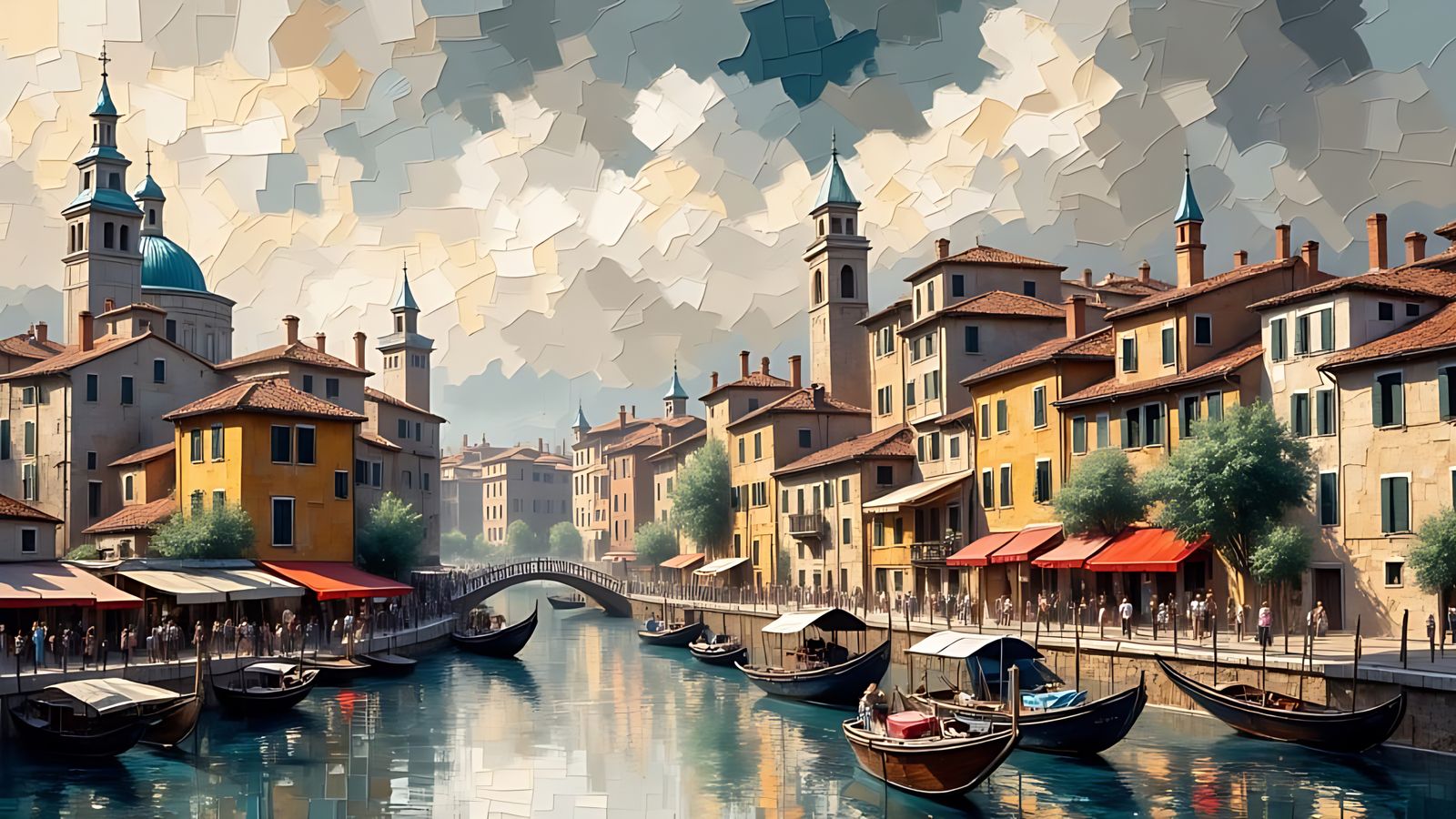 Medieval European Town in the Clouds, Textured Brushstrokes