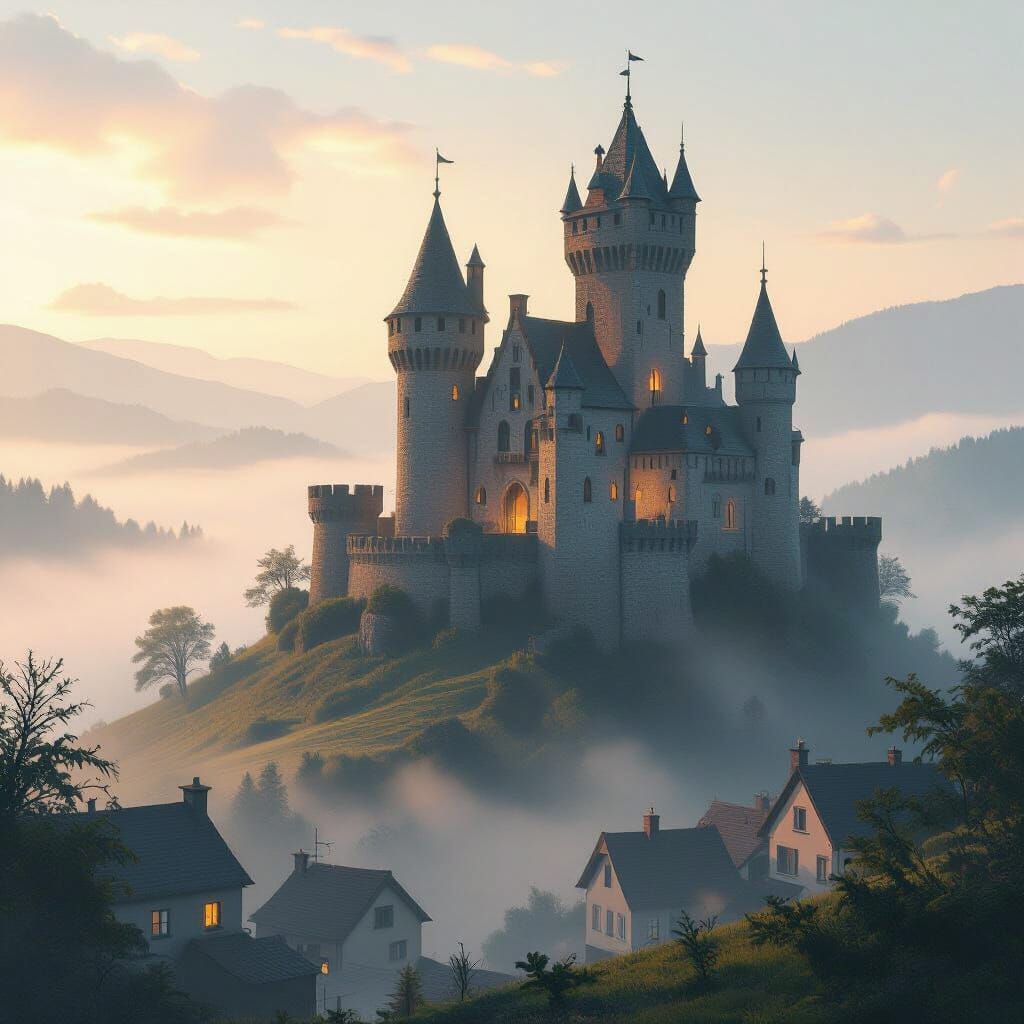 Eerie Castle in Misty Village: Fantasy Realism