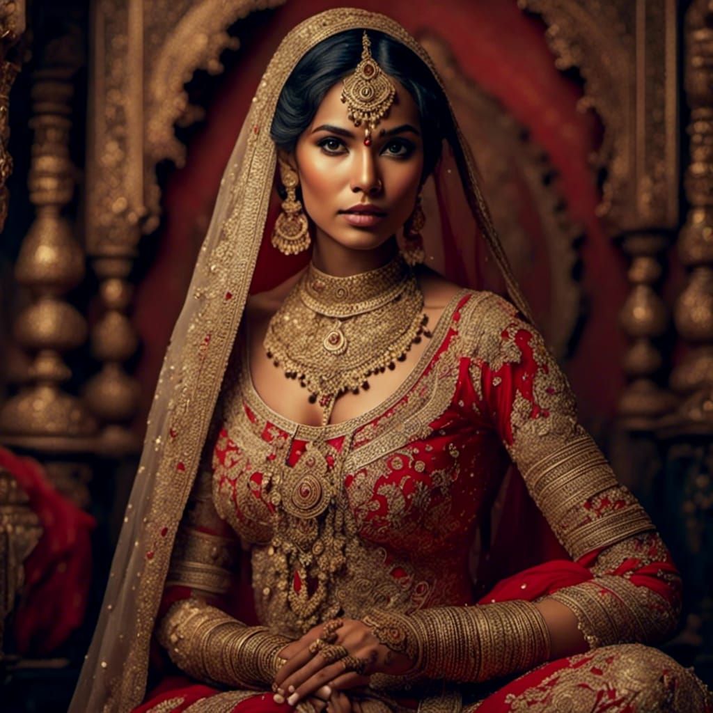 Indian Bride in 18th Century Dress, Romantic Watercolor