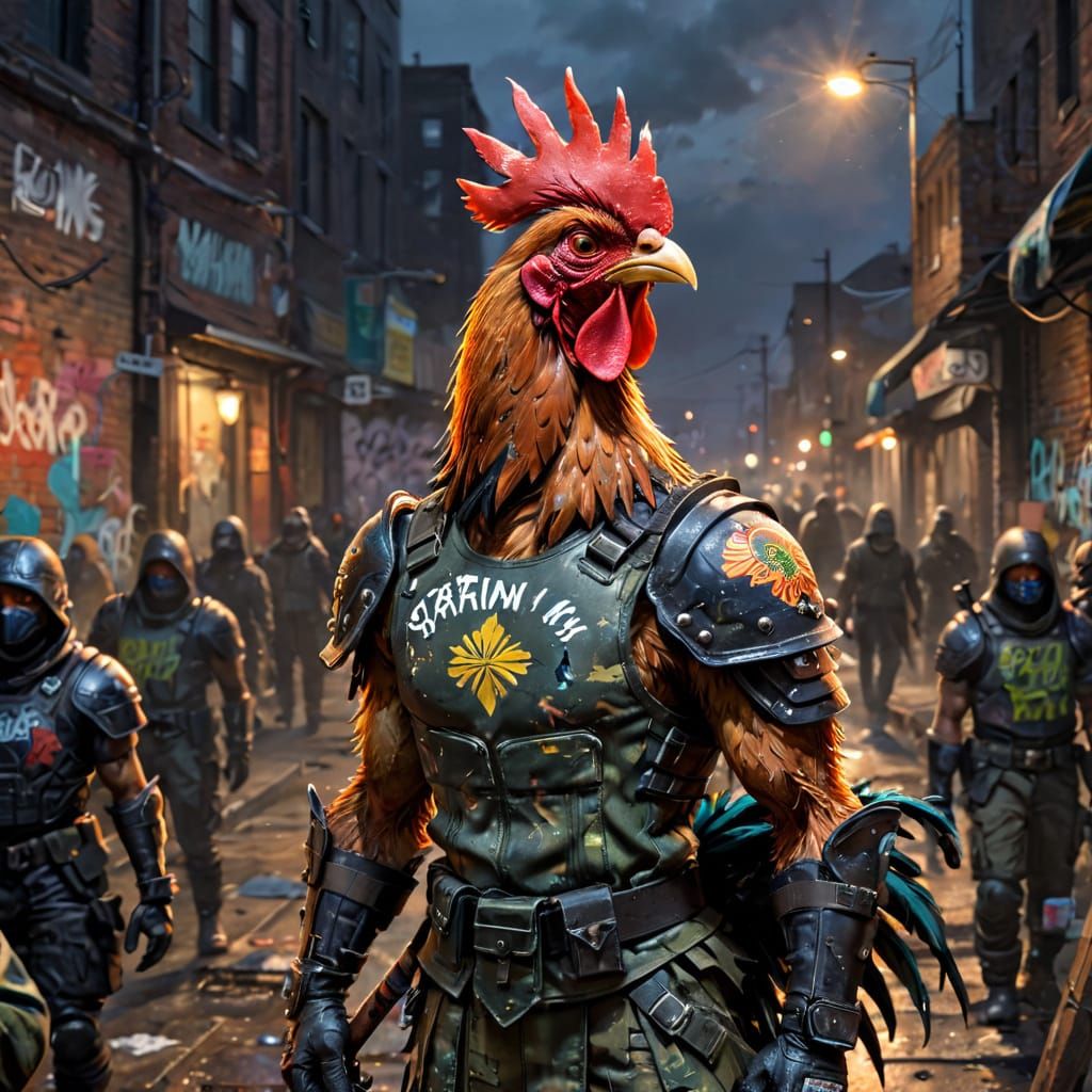 Confident Warrior Rooster in Gritty Urban Setting
