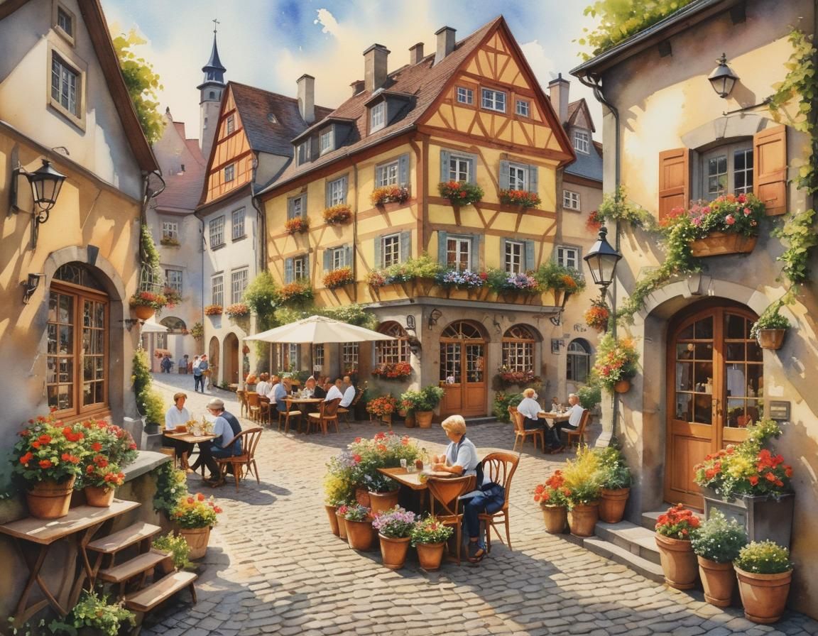 Whimsical German Old Town Courtyard Scene in Watercolor Styl...