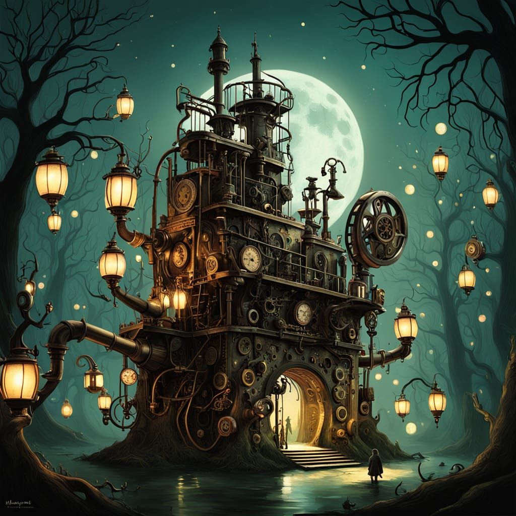 Steampunk Printing Press in Crescent Moon: Fantasy Illustrat...