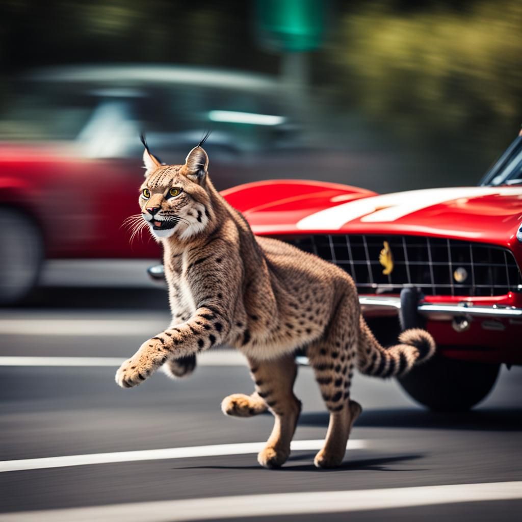Lynx Races a Red Ferrari: Professional Photography