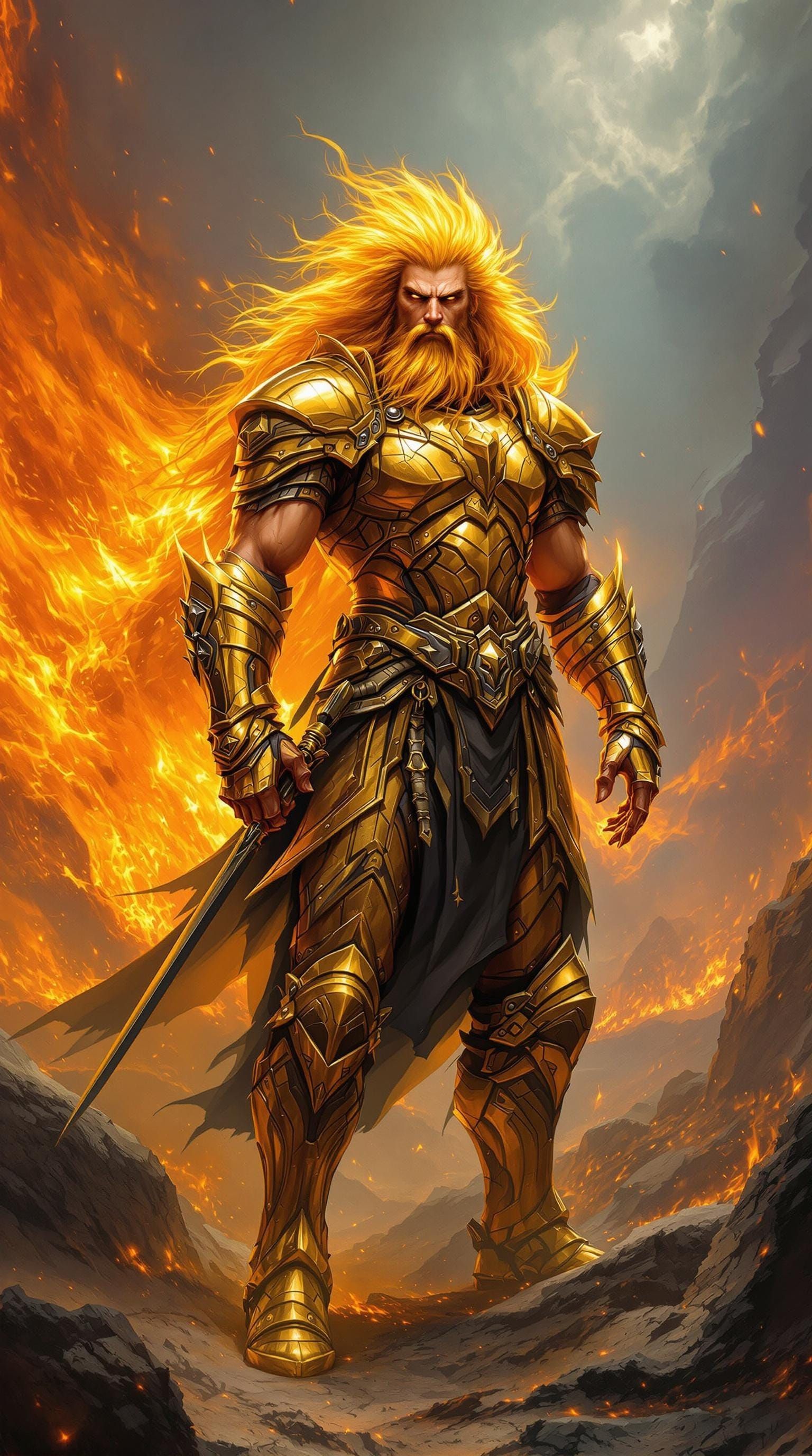 Majestic Golden Warrior in Battle-Scarred Landscape