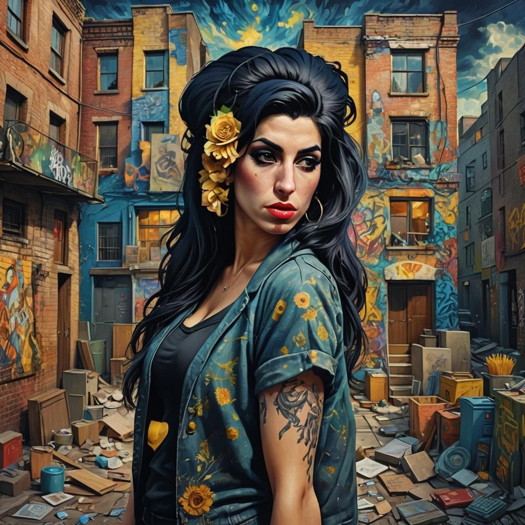 A hyperrealistic 3D render of Amy Winehouse, beautifully transformed into a style reminiscent of Vincent van Gogh. Vibra...