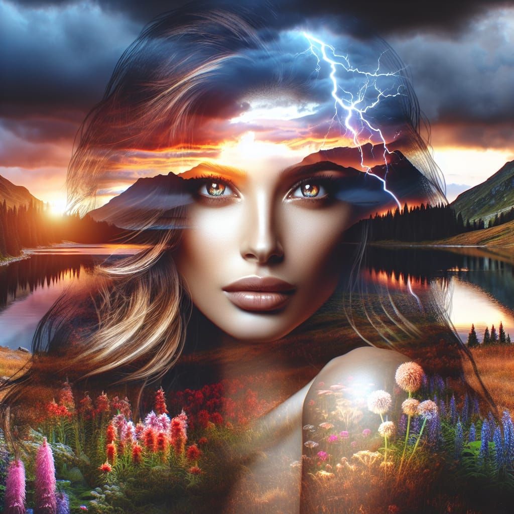 Double Exposure: Woman, Landscape, and Storm