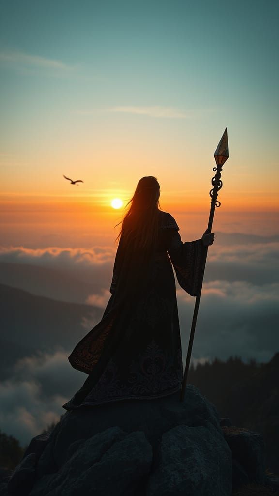Sorceress at Sunset: Cinematic Film Still