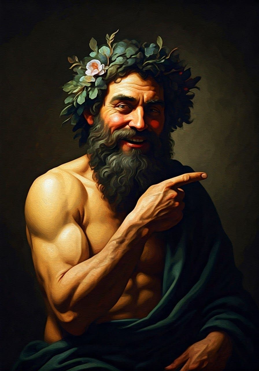 Style of Caravaggio, A very drunk Bacchus giggling and point...