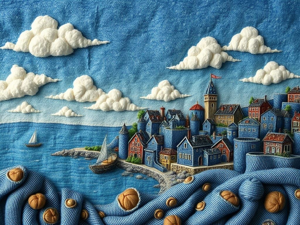 Whimsical Denim Landscape with Seaside Village