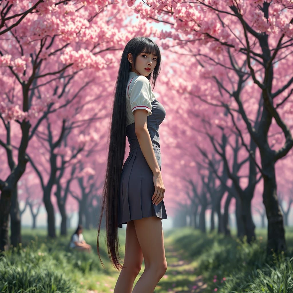 Ethereal Japanese Woman Among Blooming Sakura Trees
