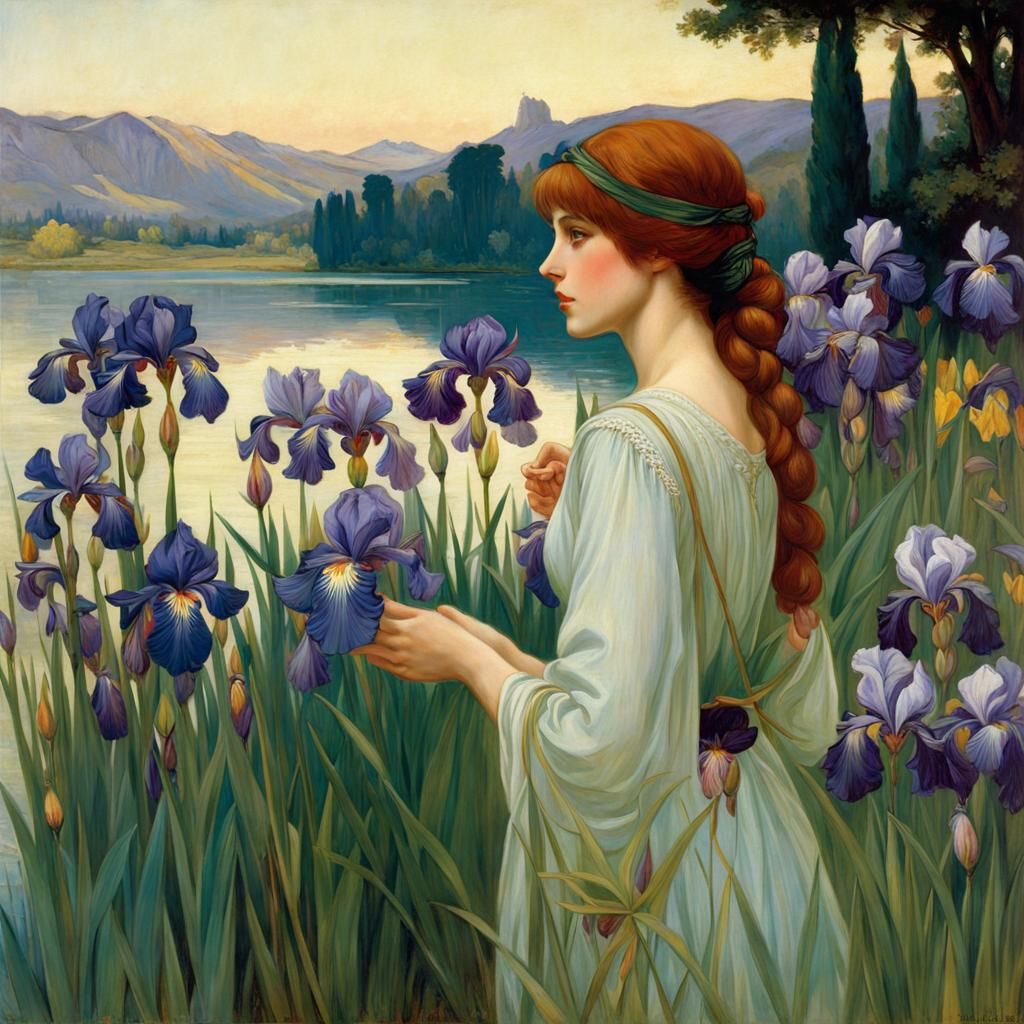 Anime Woman with Irises by Lakeside