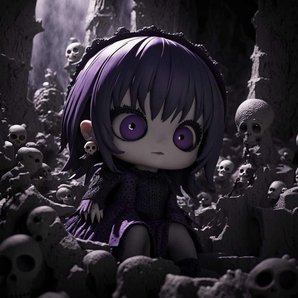 Gothic Chibi Girl on Grave, 3D Rendered