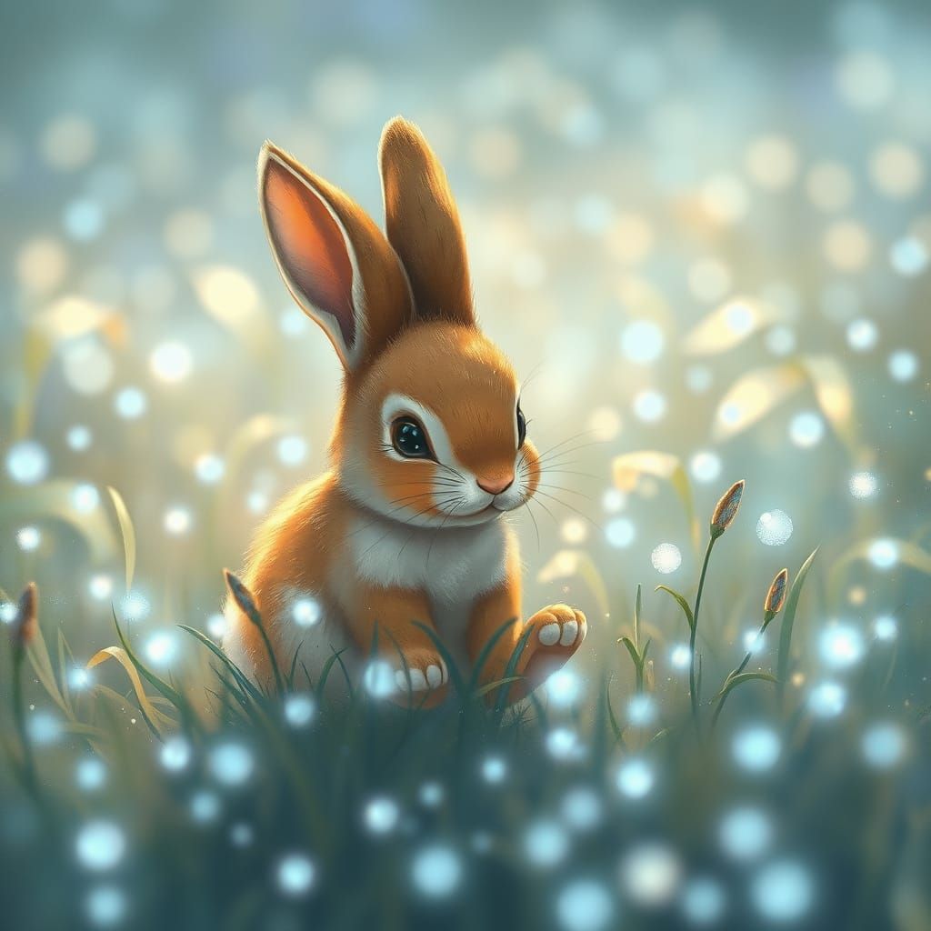 Rabbit in Magical Field of Blue Fireflies