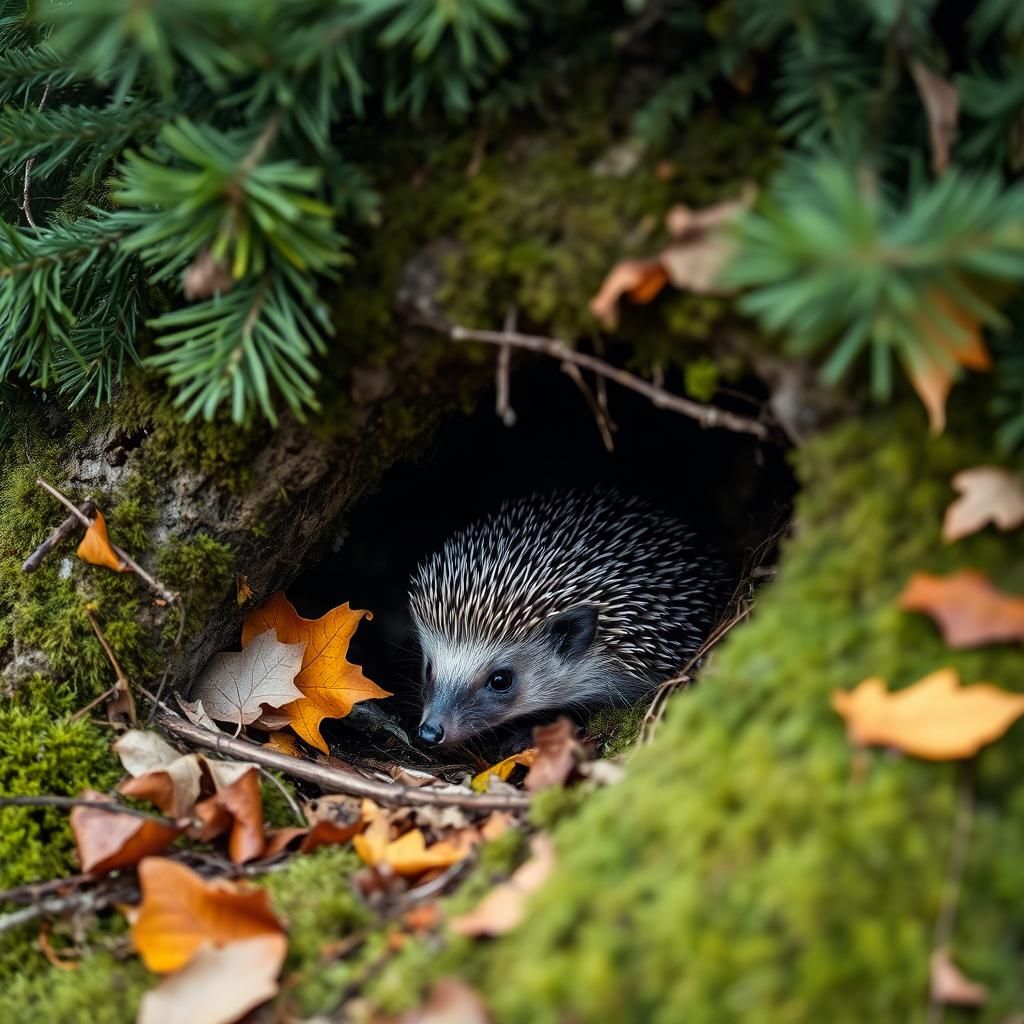 Hedgehog Building Autumn Den Under Spruce Tree