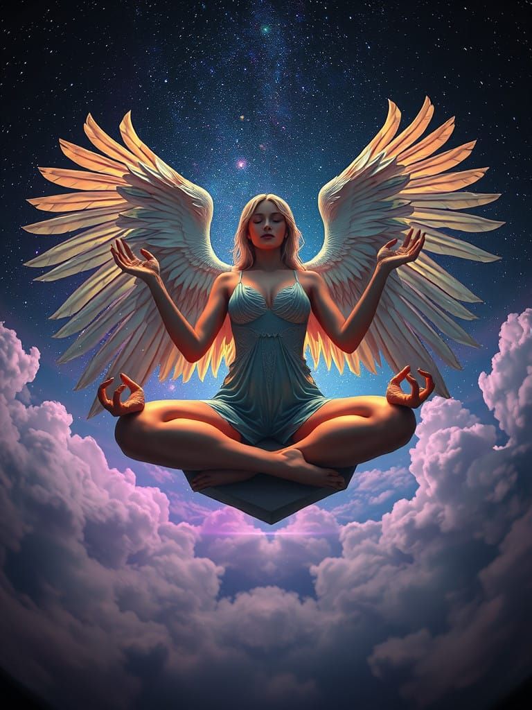 Multi-Armed Angel Meditating on Cloud in Psychedelic Style