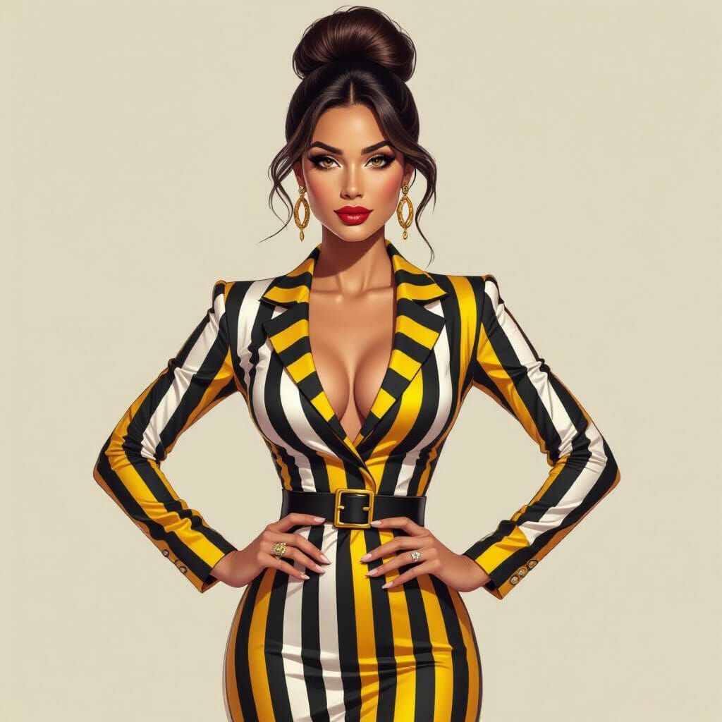 Elegant Brunette in Striped Jumpsuit: Photorealistic Renderi...