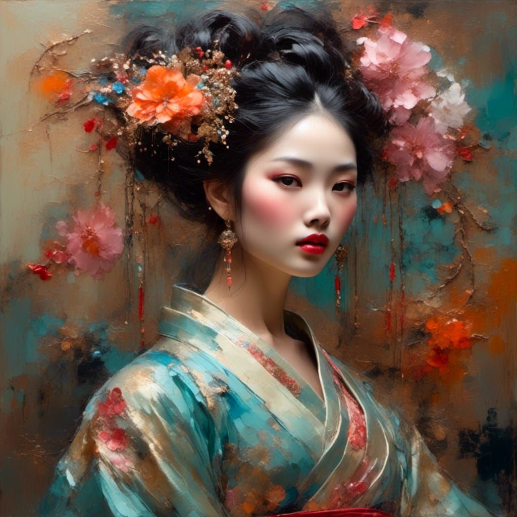 Asian Beauty in Silk Kimono: A Triadic Oil Painting