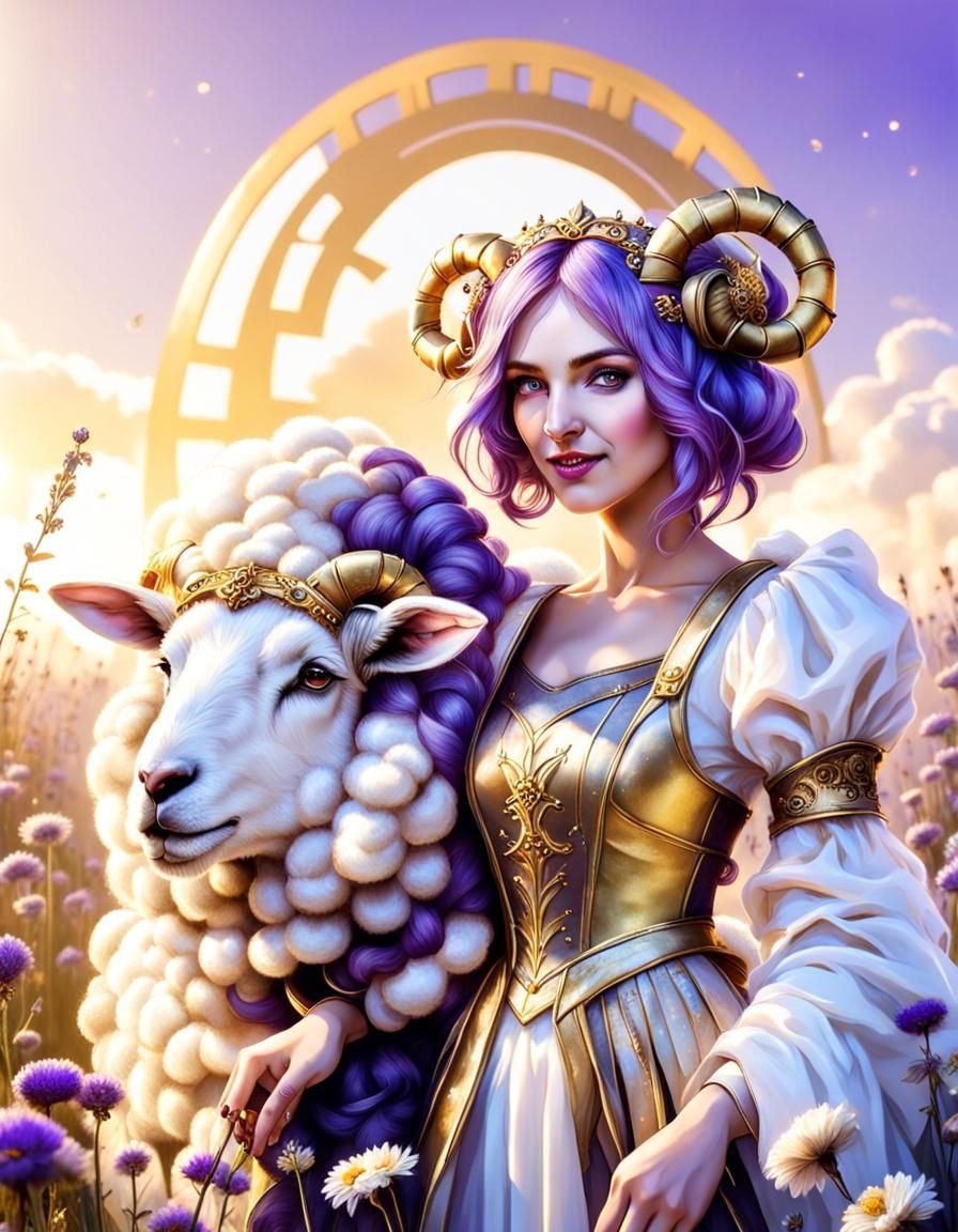 Hybrid Woman-Sheep Couple in Golden Meadow