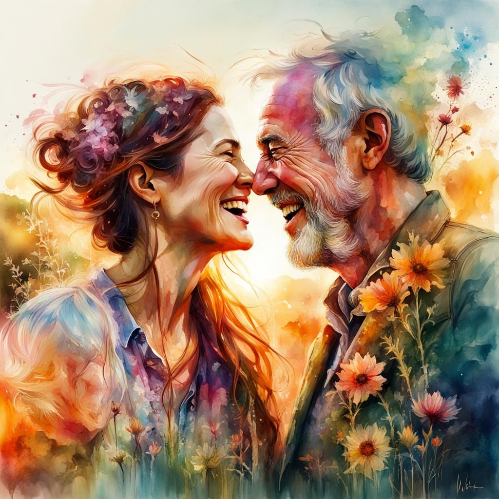 Watercolor Double Exposure of Laughing Couple at Sunset