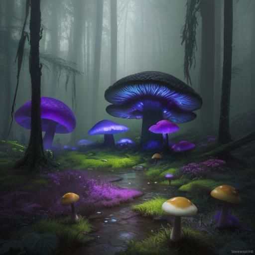 Fantasy Forest with Colorful Mushrooms in Dark Fantasy Style