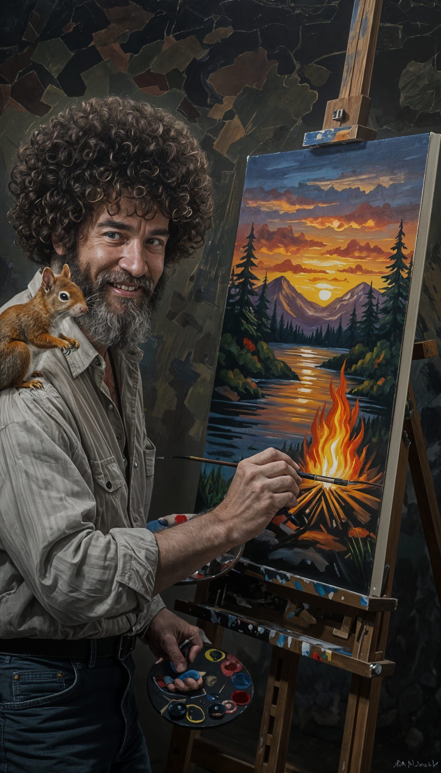 Peaceful Artist Paints Vibrant Landscape with Squirrel Compa...