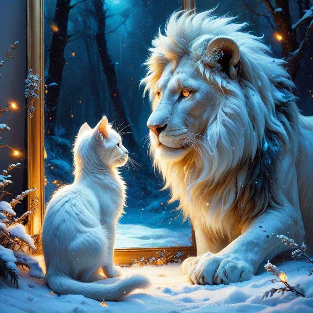 Enchanted Feline Encounter in Whimsical Night Scene