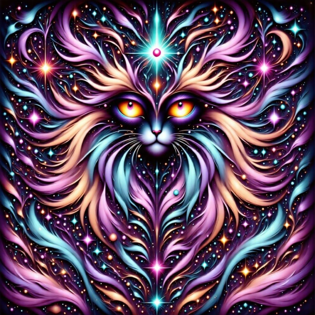 Mystical Woman Holding Ethereal Cat in Oil Painting