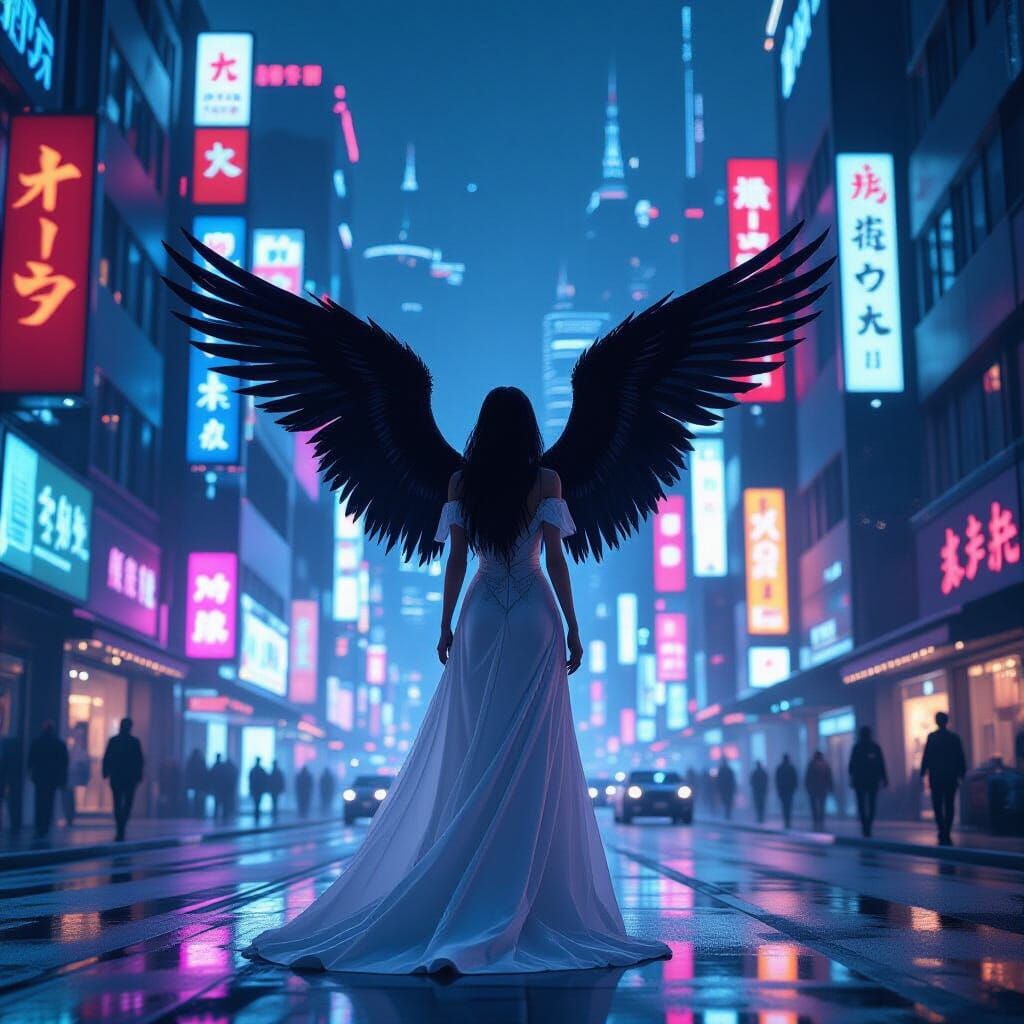 Cyberpunk Angel in Neo Tokyo
