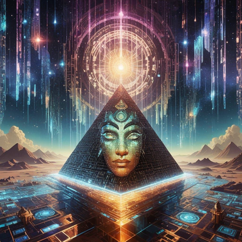 Digital Pyramid in Space with Binary Code and Neon Edges