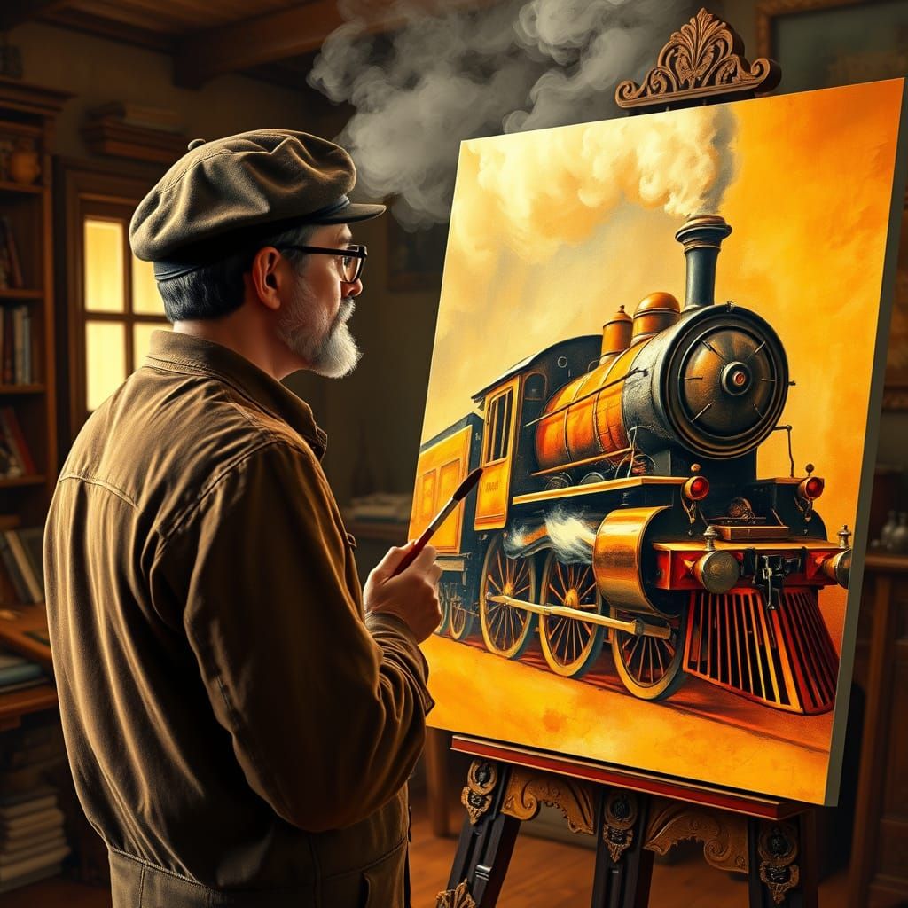 Whimsical Steam Train Painting in a Dreamlike Studio