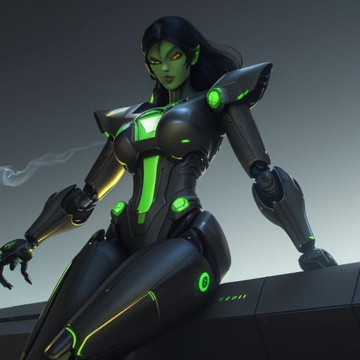 Surreal Cyberpunk Robot Goddess Battles a Smoldering Metropo...