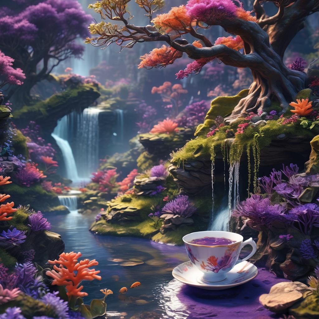 Coral Reef Landscape Inside a Teacup, Digital Art