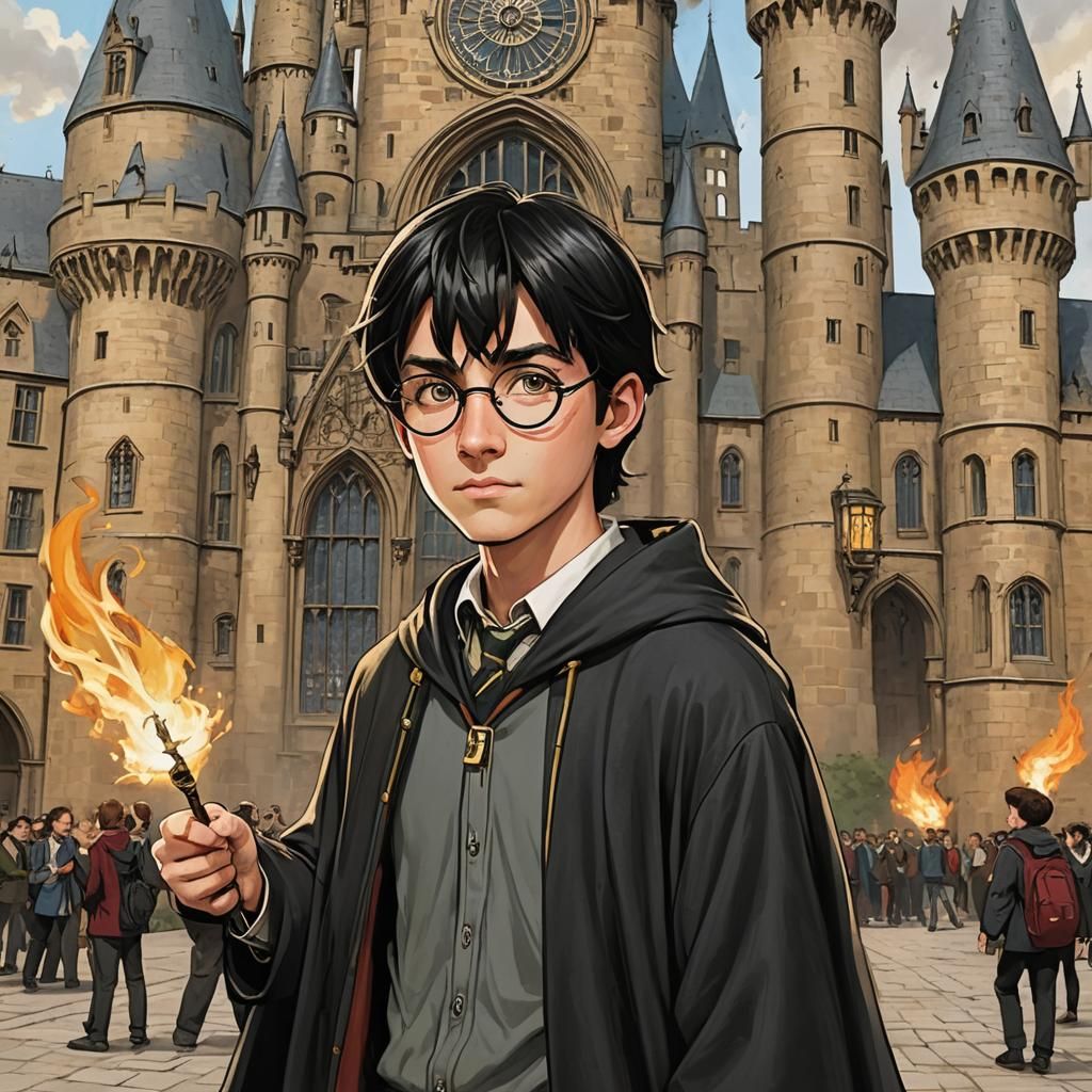 Young Wizard Casting Spell at Hogwarts Digital Art