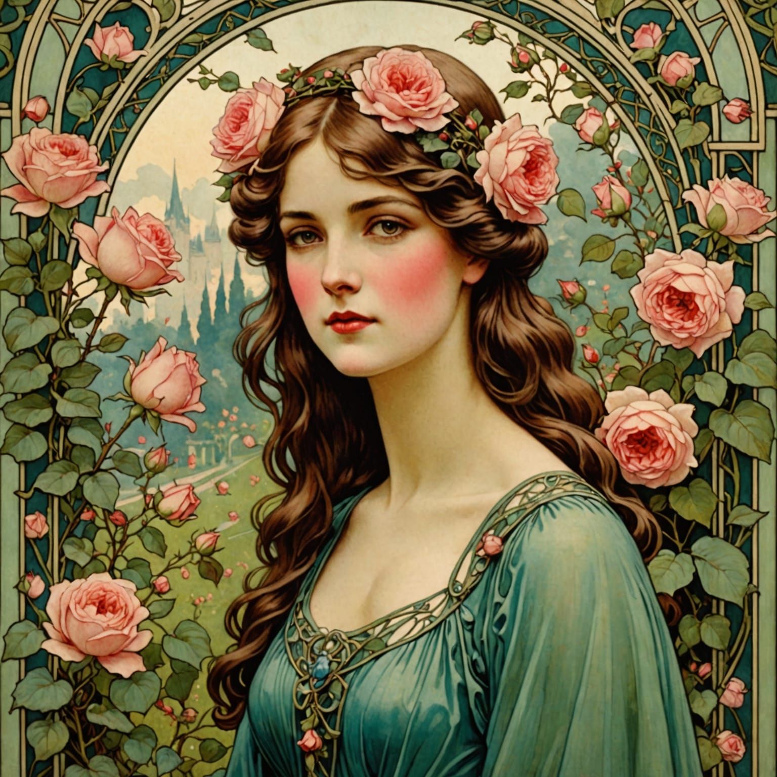 Art Nouveau Lady in Rose Garden