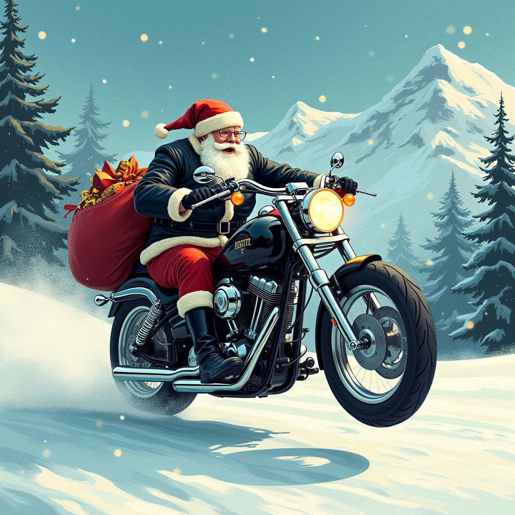 Santa Claus Rides Motorcycle in Futuristic Style