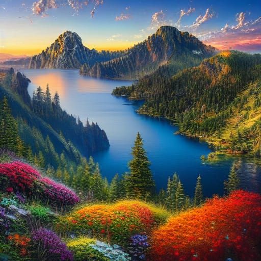 Crater Lake Oil Painting in American Luminism Style