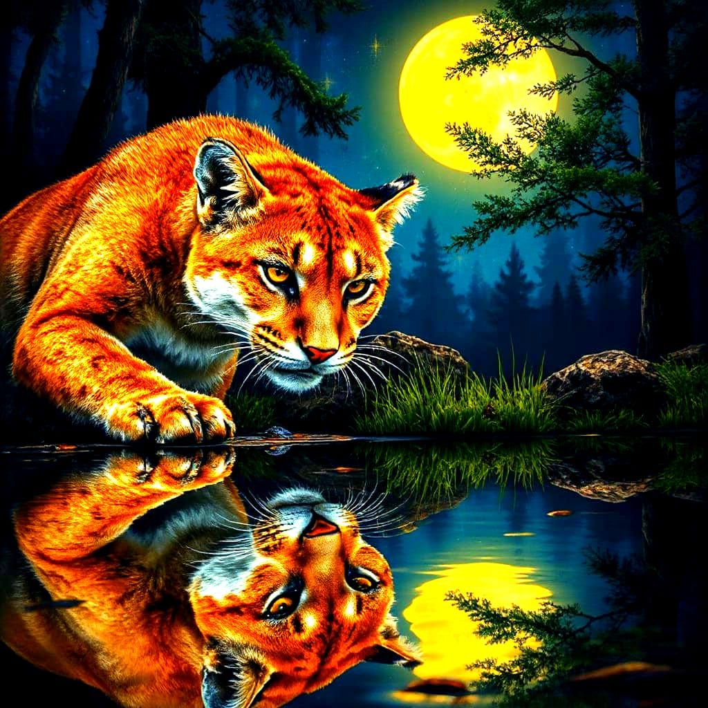 Tawny Cougar Gazes at Reflection in Moonlit Forest
