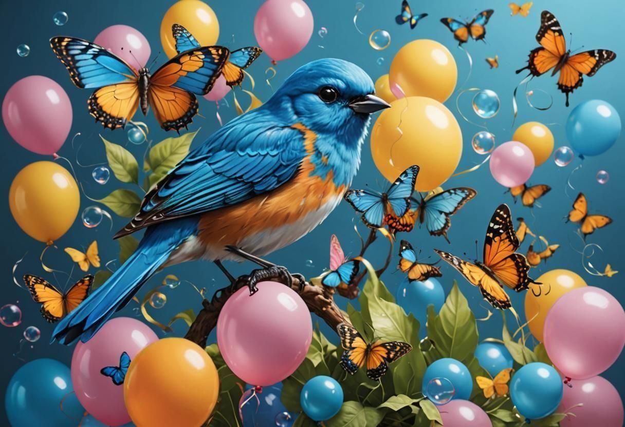 Beautiful Bay with Birds, Butterflies, and Balloons