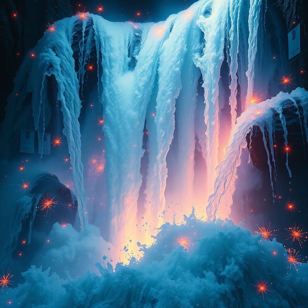 Vibrant Waterfall Illuminated with Kaleidoscopic Sparks in D...