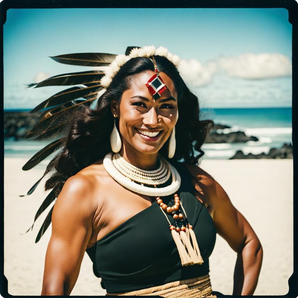 Smiling Maori Dancer in Polaroid on Sunny Beach
