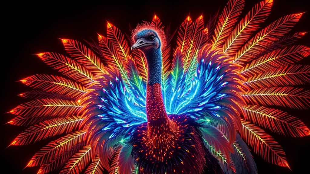 Majestic Ostrich with Bioluminescent Fractal Feathers