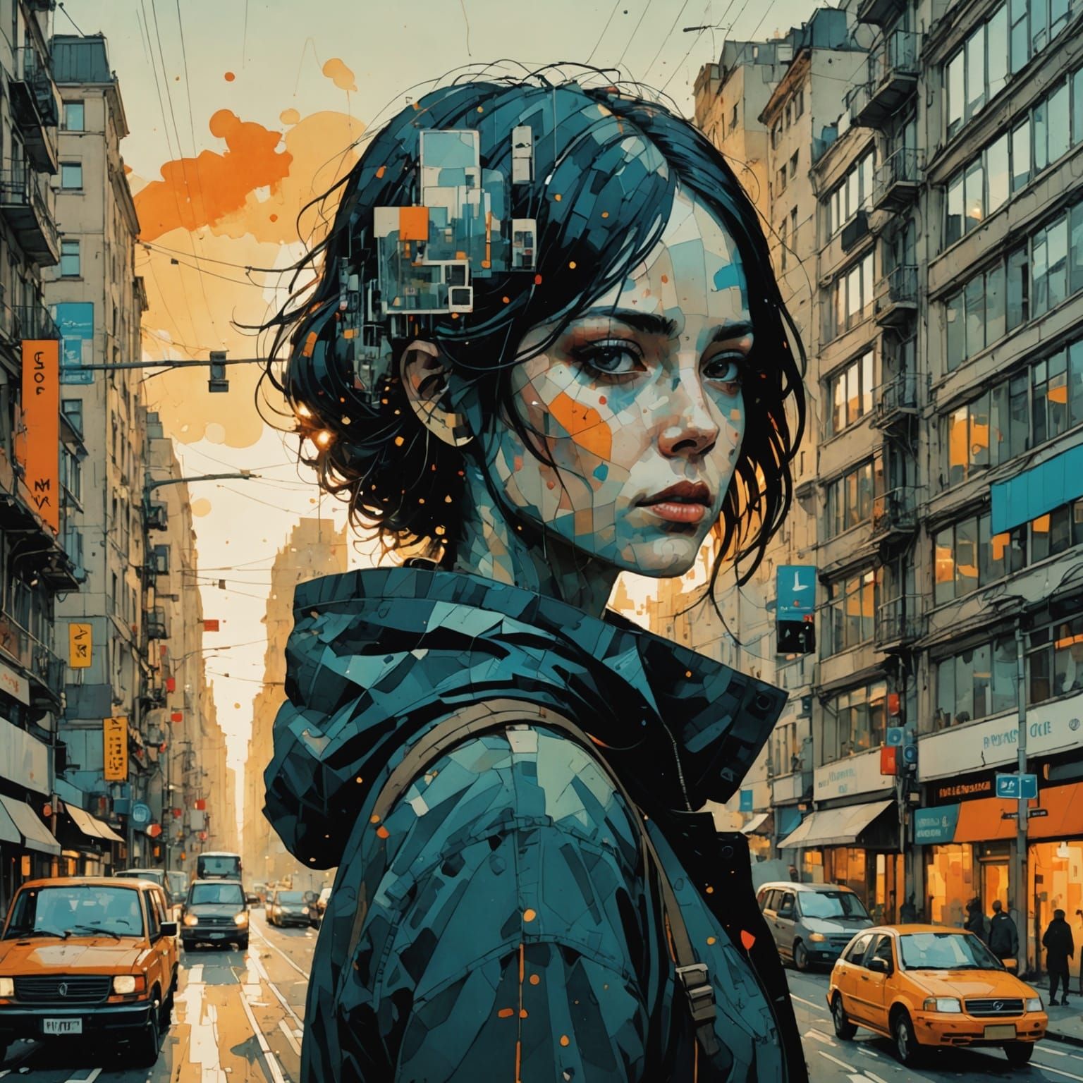 Gothic Goddess Amidst Vibrant Cityscape in Double Exposure