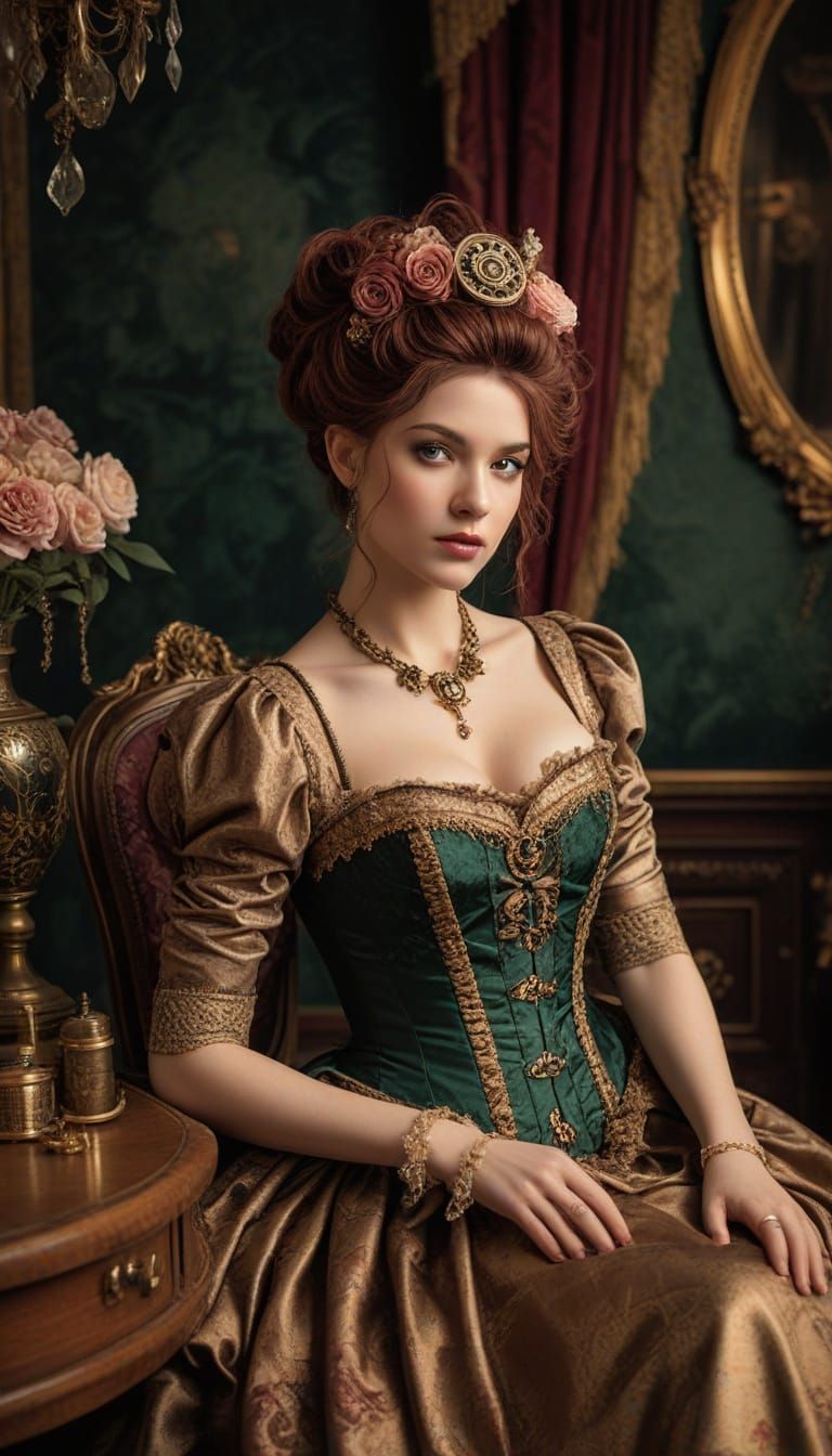 Steampunk Lady in Elegant Gilded Boudoir